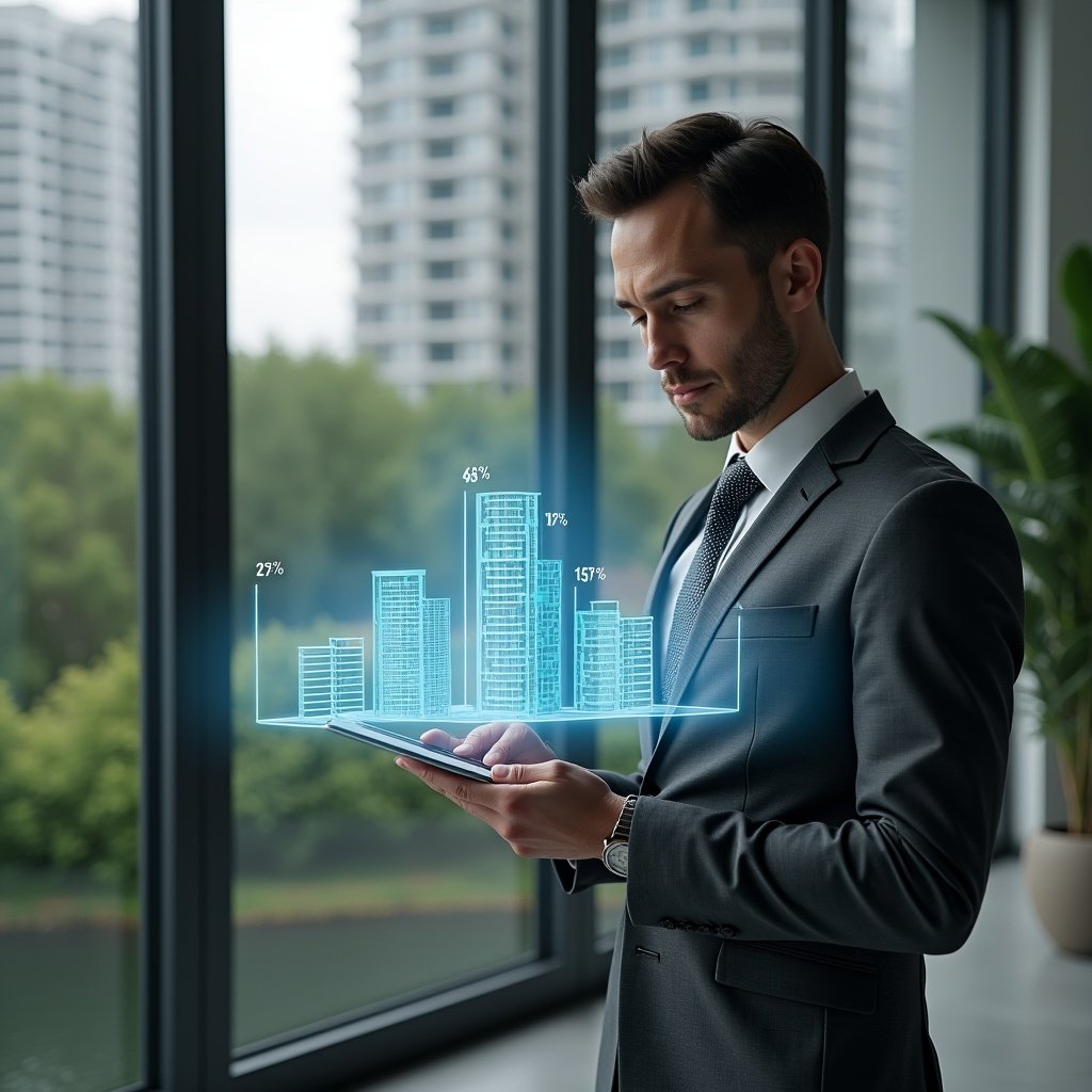 (Ultra-realistic condominium manager in a charcoal gray suit, set in a modern luxury condominium environment with high-rise buildings and manicured greenery, examining a holographic projection of building units with highlighted fraction percentages, holding a digital tablet, confident and focused expression, cinematic lighting, shallow depth of field, highly detailed textures, realistic skin, photographic realism, 8k resolution --ar 1:1 --v 6)