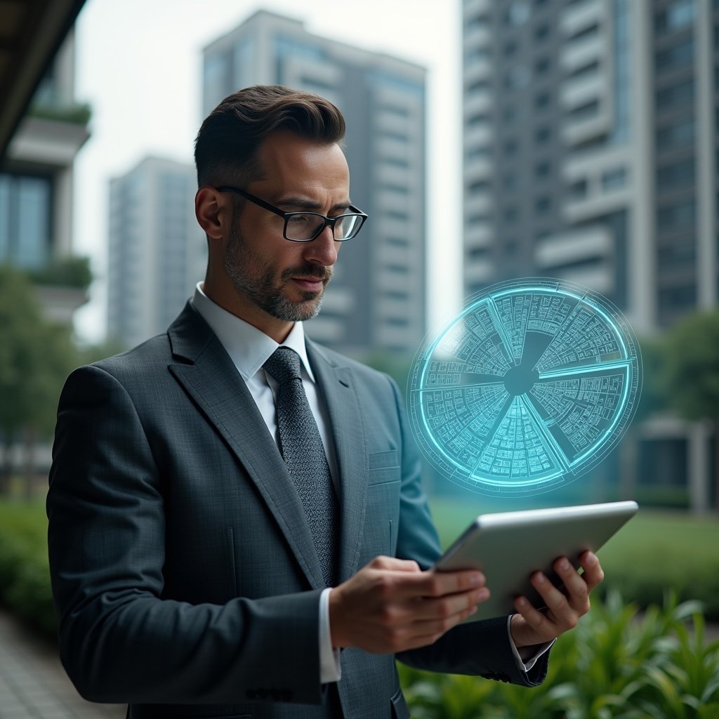 Ultra-realistic property manager in a charcoal gray suit, set in a modern luxury condominium environment with high-rise buildings and meticulously landscaped greenery, reviewing a holographic pie chart of unit fractions projected from a digital tablet, holographic floor plans floating beside them, confident and focused expression, cinematic lighting, shallow depth of field, highly detailed textures, realistic skin, photographic realism, 8k resolution --ar 1:1 --v 6