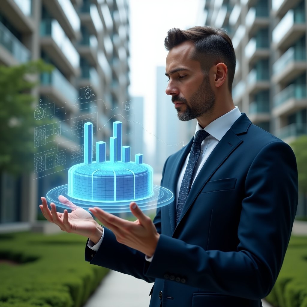 Ultra-realistic property manager in a navy executive suit, set in a modern luxury condominium environment with high-rise buildings and manicured green spaces, examining a translucent 3D holographic pie chart of unit shares with precise calculations, holographic icons of buildings and percentages floating around, analytical and confident expression, cinematic lighting, shallow depth of field, highly detailed textures, realistic skin, photographic realism, 8k resolution --ar 1:1 --v 6