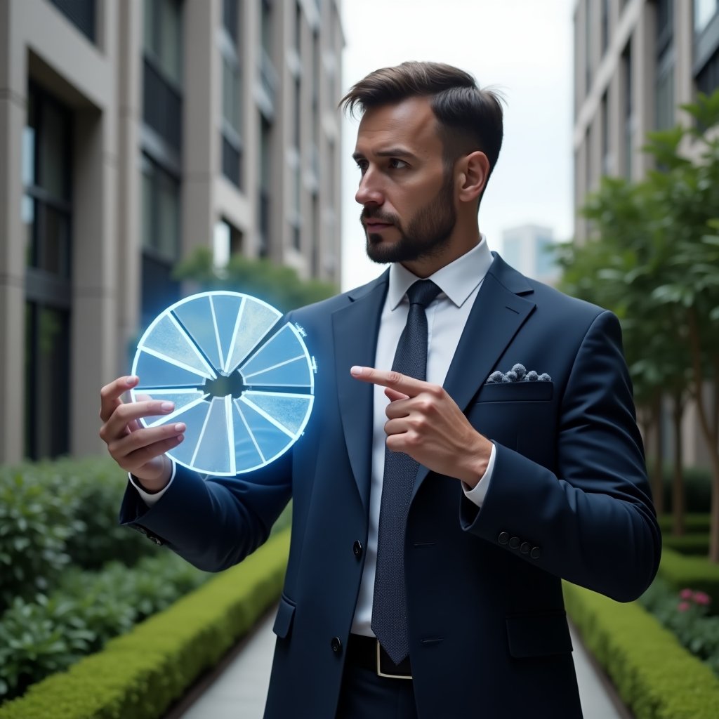 Ultra-realistic condominium manager in a navy tailored suit, set in a modern luxury condominium environment with high-rise buildings and manicured green landscaping, holding a holographic pie chart of unit fractions and pointing thoughtfully at specific segments, 3D glowing fraction icons floating beside him, cinematic lighting, shallow depth of field, highly detailed textures, realistic skin, photographic realism, 8k resolution --ar 1:1 --v 6