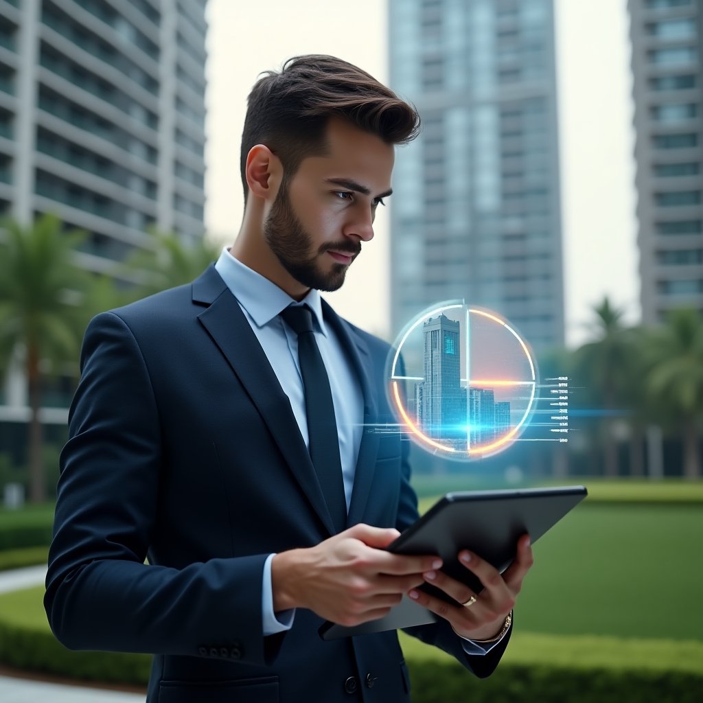 Ultra-realistic condominium manager in a tailored navy suit, set in a modern luxury condominium environment with high-rise buildings and lush green landscaping, holding a tablet displaying a holographic 3D pie chart of building fractions, thoughtfully pointing at divided segments to ensure fair distribution, cinematic lighting, shallow depth of field, highly detailed textures, realistic skin, photographic realism, 8k resolution --ar 1:1 --v 6