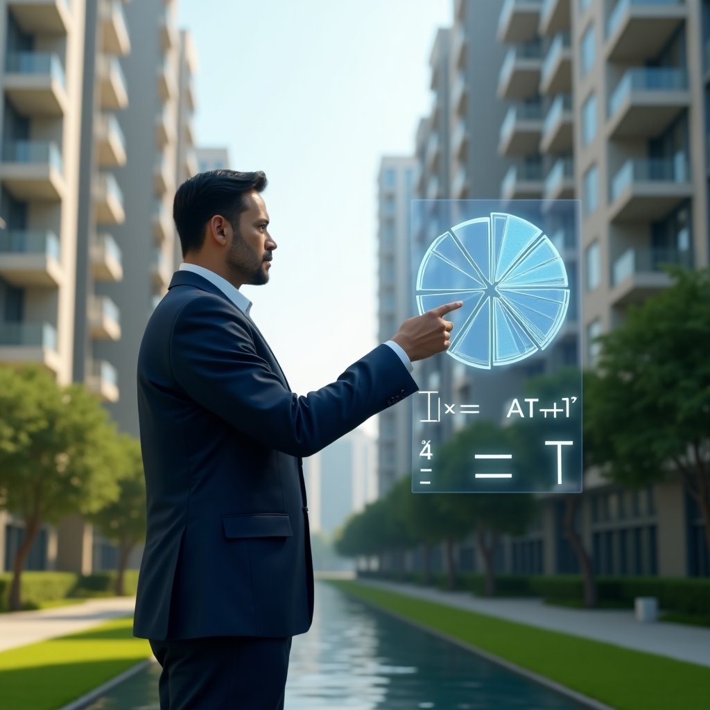 (Ultra-realistic condo manager in a navy executive suit, set in a modern luxury condominium environment with high-rise buildings and manicured green landscaping, standing in a mid-shot while pointing at a holographic 3D pie chart and floating formula representing ideal fraction calculations, cinematic lighting, shallow depth of field, highly detailed textures, realistic skin, photographic realism, 8k resolution --ar 1:1 --v 6)