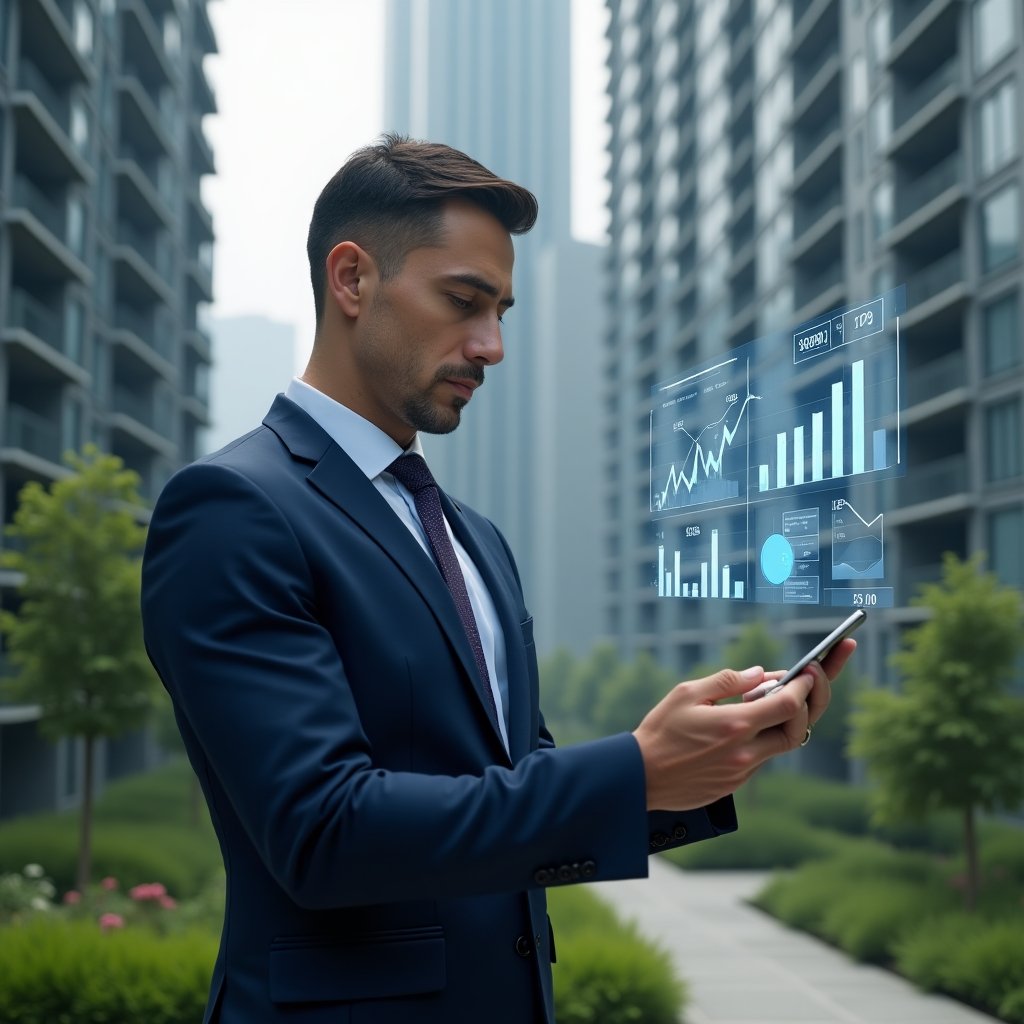 Ultra-realistic condominium manager in a navy blue executive suit, set in a modern luxury condominium environment with high-rise buildings and manicured green landscaping, analyzing holographic financial charts with a confident, focused expression, floating cost-reduction icons and graphs beside them, cinematic lighting, shallow depth of field, highly detailed textures, realistic skin, photographic realism, 8k resolution --ar 1:1 --v 6