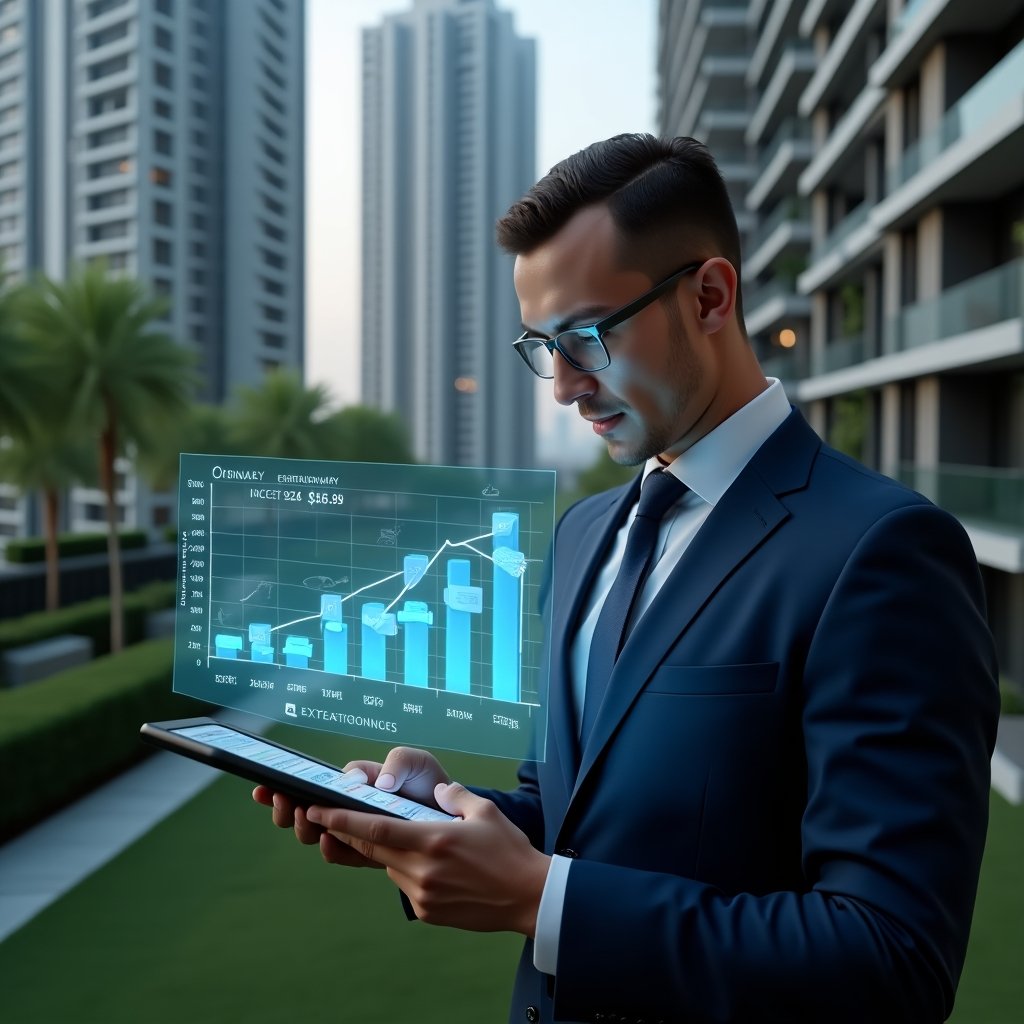 Ultra-realistic condominium manager in a navy executive suit, set in a modern luxury condominium environment with high-rise buildings and meticulously landscaped gardens, studying a holographic financial chart displaying ordinary vs. extraordinary expenses, holding a tablet with floating icons of invoices and repair tools, thoughtful and confident expression, cinematic lighting, shallow depth of field, highly detailed textures, realistic skin, photographic realism, 8k resolution --ar 1:1 --v 6
