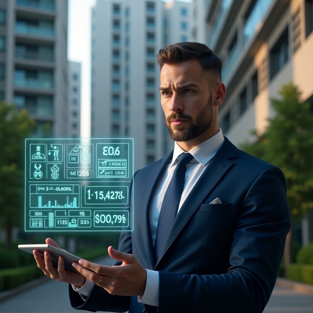 Ultra-realistic condominium manager in a dark blue executive suit, set in a modern luxury condominium environment with high-rise buildings and lush green landscaping, examining a floating holographic budget chart with icons of tools and emergency repairs, confident and focused expression, cinematic lighting, shallow depth of field, highly detailed textures, realistic skin, photographic realism, 8k resolution --ar 1:1 --v 6