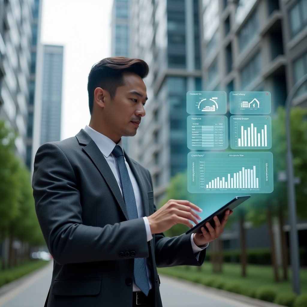 Ultra-realistic property manager in a charcoal gray suit, set in a modern luxury condominium environment with high-rise buildings and manicured greenery, examining a semi-transparent holographic financial dashboard displaying categorized ordinary and extraordinary expense charts, holding a digital tablet, confident and focused expression, symbolic floating icons of coins and ledger sheets, cinematic lighting, shallow depth of field, highly detailed textures, realistic skin, photographic realism, 8k resolution --ar 1:1 --v 6