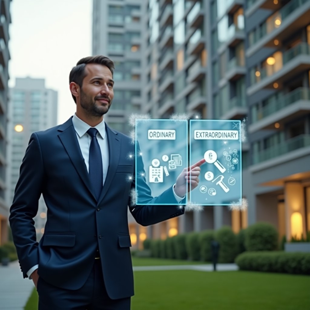 (Ultra-realistic property manager in a navy executive suit, set in a modern luxury condominium environment with high-rise buildings and manicured green landscaping, medium shot of a confident manager pointing at a holographic split chart labeled “ordinary” and “extraordinary” expenses, floating icons of coins and repair tools, cinematic lighting, shallow depth of field, highly detailed textures, realistic skin, photographic realism, 8k resolution --ar 1:1 --v 6)