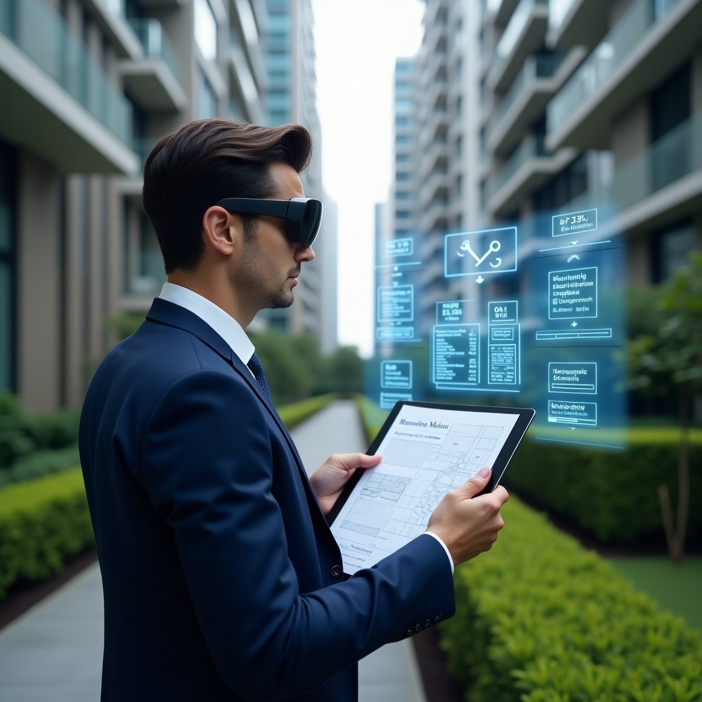 Ultra-realistic condominium manager in a navy blue suit, set in a modern luxury condominium environment with high-rise buildings and manicured green landscaping, confidently examining holographic financial charts that distinguish ordinary and extraordinary expenses, with floating icons of maintenance tools and a building renovation blueprint, cinematic lighting, shallow depth of field, highly detailed textures, realistic skin, photographic realism, 8k resolution --ar 1:1 --v 6