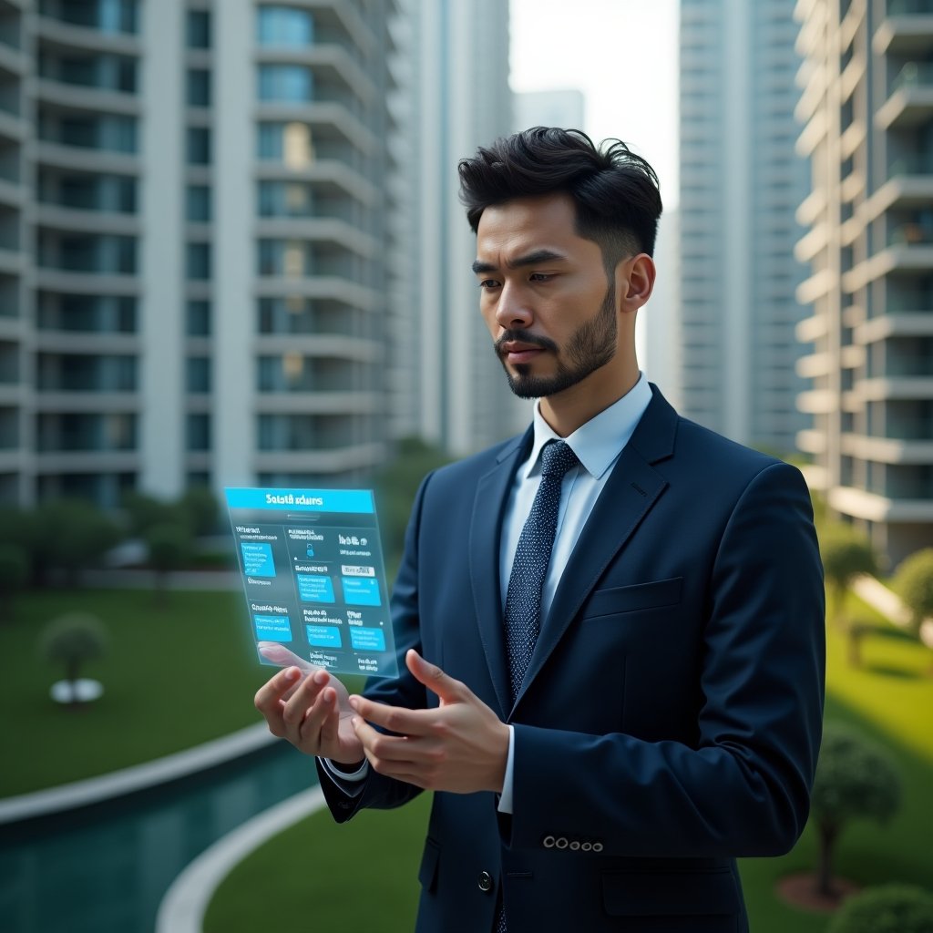 Ultra-realistic condominium manager in a navy tailored suit, set in a modern luxury condominium environment with high-rise buildings and lush green landscaping, interacting with a floating holographic schedule/calendar displaying maintenance, assembly and inspection icons, confident and focused expression, cinematic lighting, shallow depth of field, highly detailed textures, realistic skin, photographic realism, 8k resolution --ar 1:1 --v 6