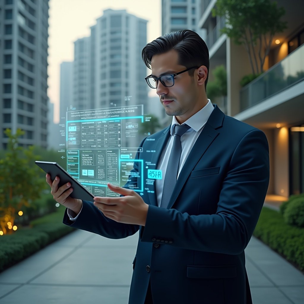 (Ultra-realistic condominium manager in a dark blue suit, set in a modern luxury condominium environment with high-rise buildings and lush green landscaping, reviewing a holographic timeline calendar with budget icons floating around, projecting confidence and focus, cinematic lighting, shallow depth of field, highly detailed textures, realistic skin, photographic realism, 8k resolution --ar 1:1 --v 6)