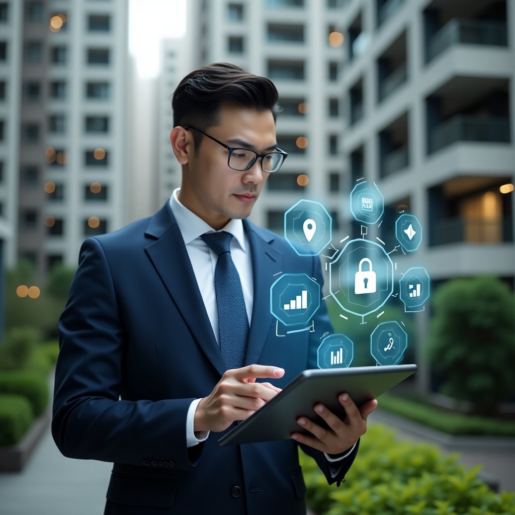 (Ultra-realistic condominium manager in a tailored navy suit, set in a modern luxury condominium environment with high-rise buildings and lush green landscaping, holding a tablet displaying a holographic condominium management app interface, analyzing security and communication icons with a confident expression, floating holographic charts, padlock and chat bubble symbols around them, cinematic lighting, shallow depth of field, highly detailed textures, realistic skin, photographic realism, 8k resolution --ar 1:1 --v 6)
