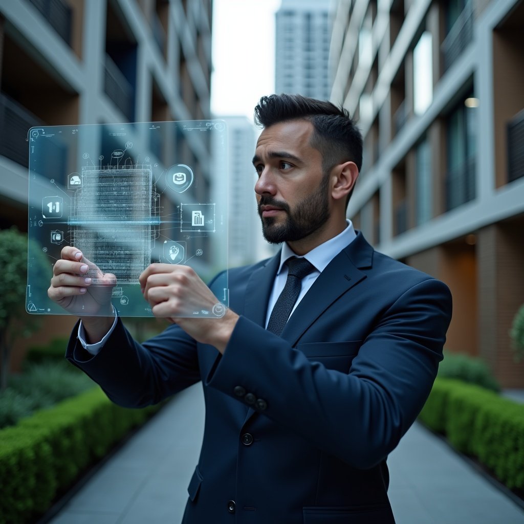 Ultra-realistic condominium manager in a dark blue executive suit, set in a modern luxury condominium environment with high-rise buildings and manicured green landscaping, analyzing a holographic interface of condominium management app icons and financial charts, confident and focused expression, cinematic lighting, shallow depth of field, highly detailed textures, realistic skin, photographic realism, 8k resolution --ar 1:1 --v 6