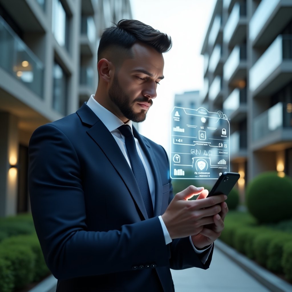 (Ultra-realistic condominium manager in a dark blue executive suit, set in a modern luxury condominium environment with high-rise buildings and manicured green landscaping, holding a smartphone and analyzing a holographic user interface of a property management app, holographic icons of security shields, graphs and cost-benefit charts floating beside them, thoughtful and confident expression, cinematic lighting, shallow depth of field, highly detailed textures, realistic skin, photographic realism, 8k resolution --ar 1:1 --v 6)