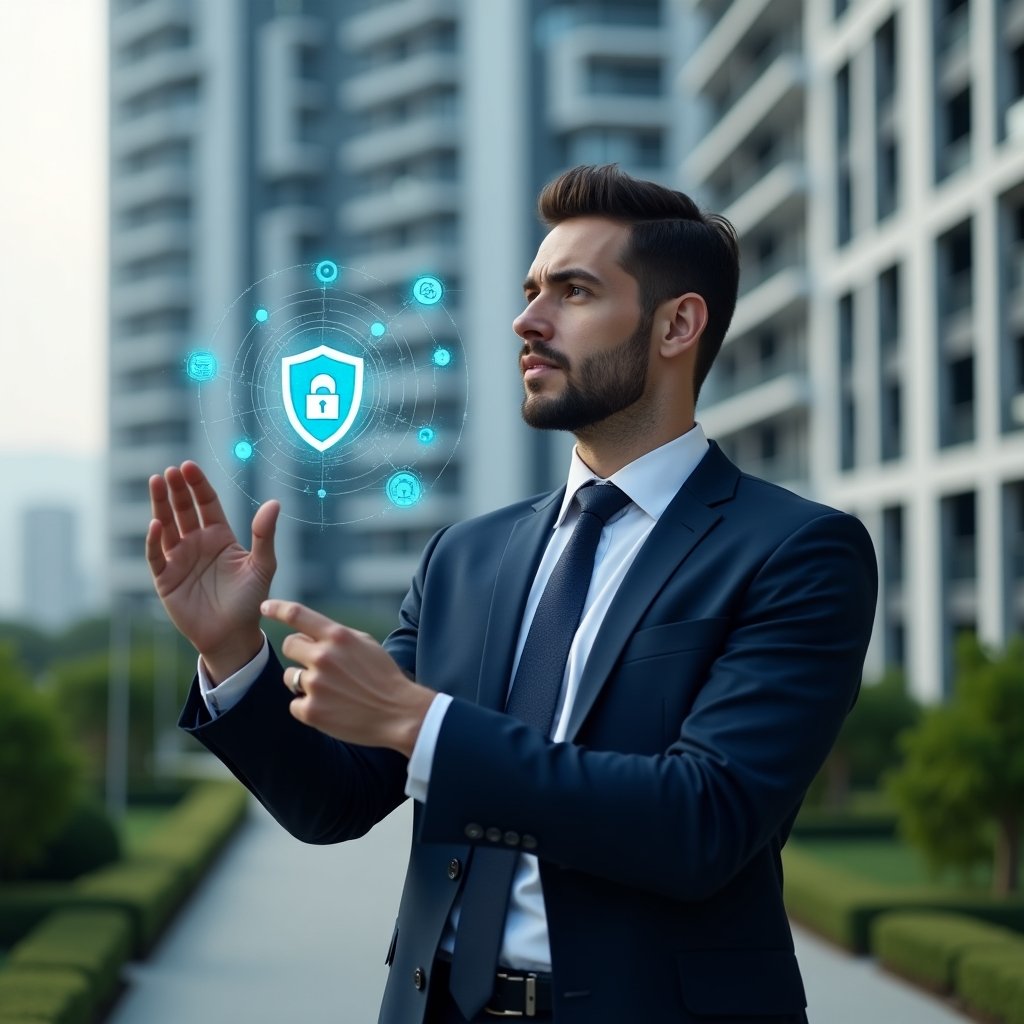 Ultra-realistic condominium manager in a navy blue suit, set in a modern luxury condominium environment with high-rise buildings and lush green landscaping, confidently examining a holographic interface of a condominium management app, floating security shield and integration line icons symbolizing safety and connectivity, cinematic lighting, shallow depth of field, highly detailed textures, realistic skin, photographic realism, 8k resolution --ar 1:1 --v 6