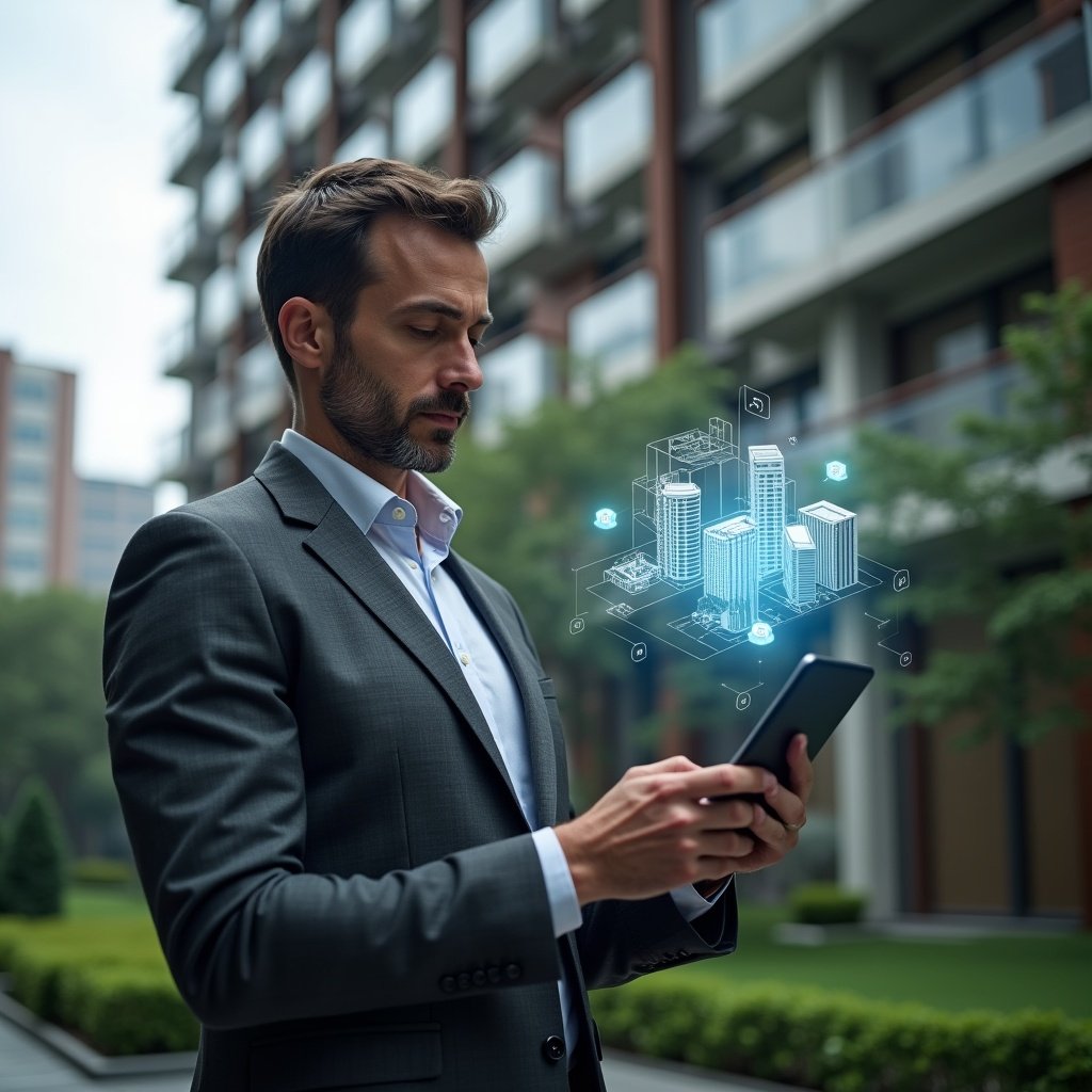 (Ultra-realistic condominium manager in a charcoal gray suit, set in a modern luxury condominium environment with high-rise buildings and meticulously maintained greenery, holding a tablet while examining floating holographic apartment and app icons, conveying confidence and focus, digital management interface elements glowing around, cinematic lighting, shallow depth of field, highly detailed textures, realistic skin, photographic realism, 8k resolution --ar 1:1 --v 6)