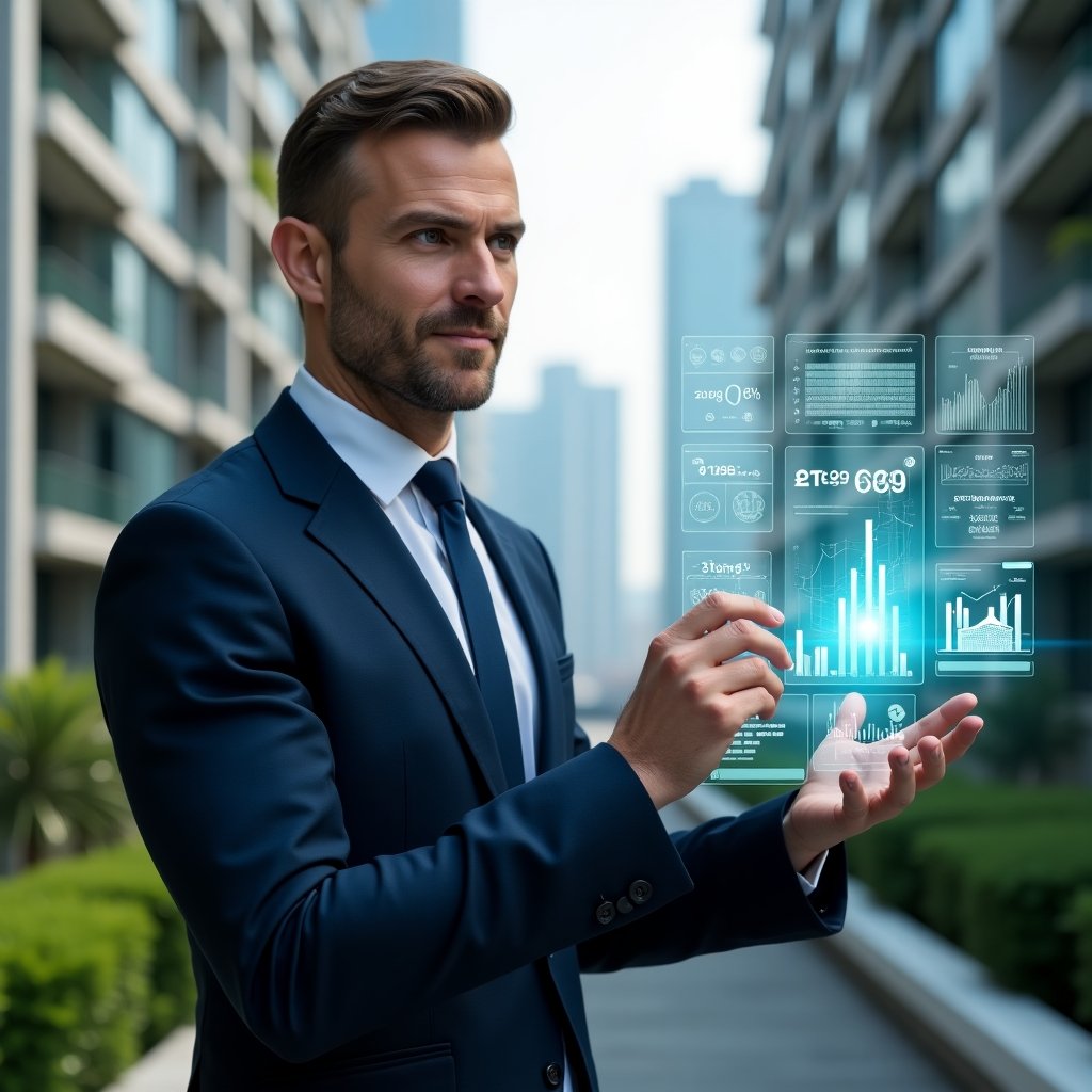 Ultra-realistic property manager in a navy suit, set in a modern luxury condominium environment with high-rise buildings and lush green landscaping, holding a transparent holographic financial dashboard showing expense charts and budget icons, analyzing data with a confident expression, cinematic lighting, shallow depth of field, highly detailed textures, realistic skin, photographic realism, 8k resolution --ar 1:1 --v 6