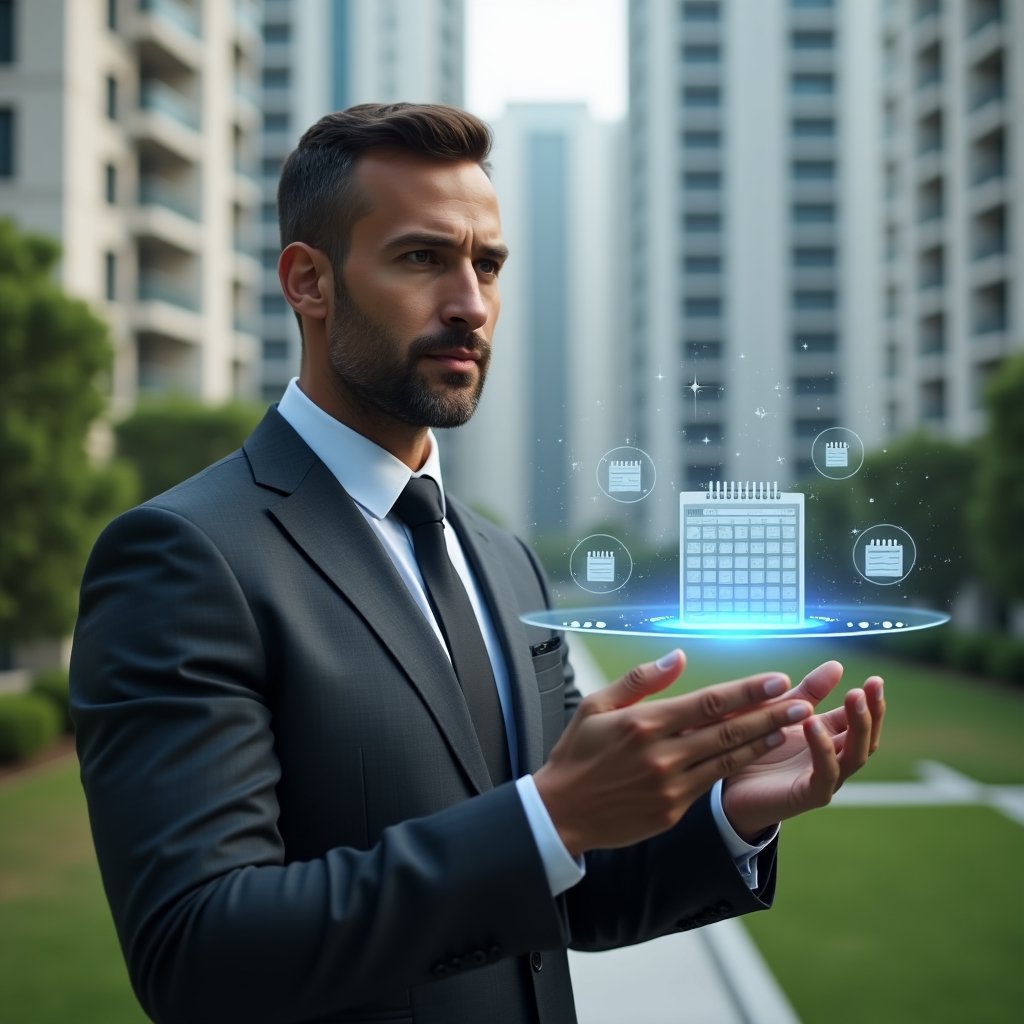 Ultra-realistic condominium manager in a charcoal gray executive suit, set in a modern luxury condominium environment with high-rise buildings and meticulously landscaped greenery, standing in a medium shot and interacting with a floating holographic calendar interface, confident and focused expression, augmented reality task icons and deadline markers orbiting around the hologram, cinematic lighting, shallow depth of field, highly detailed textures, realistic skin, photographic realism, 8k resolution --ar 1:1 --v 6
