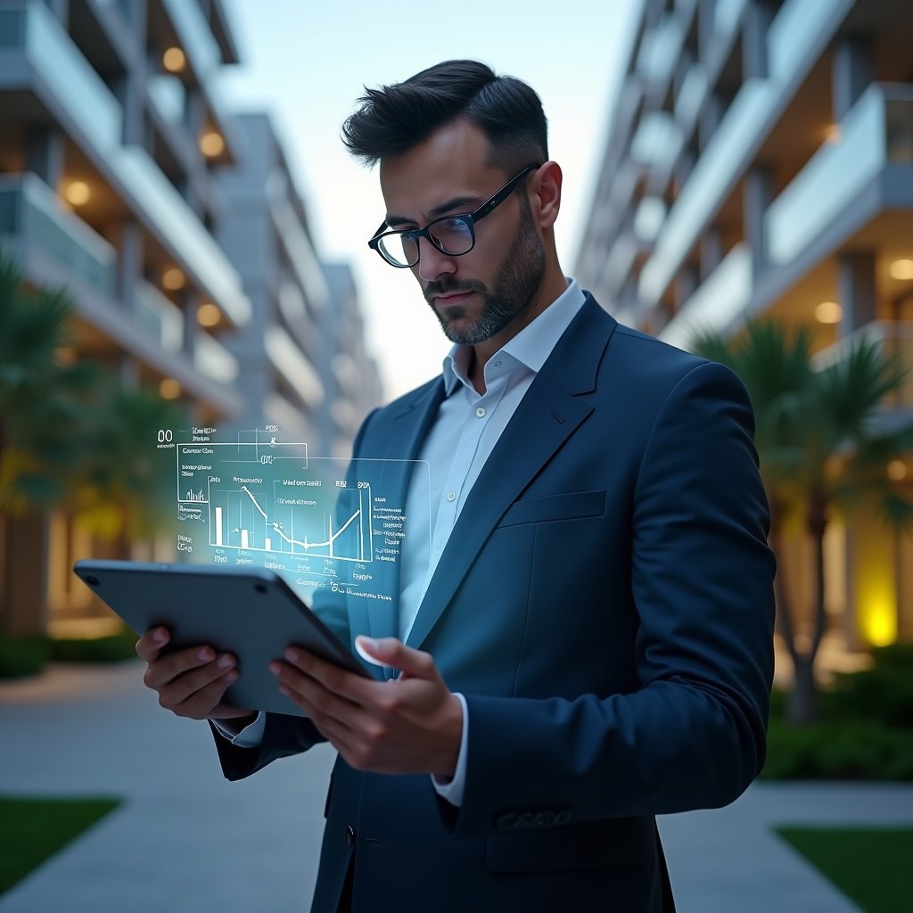 Ultra-realistic condominium manager in a navy suit, set in a modern luxury condominium environment with high-rise buildings and manicured green landscaping, medium shot of a confident professional reviewing a holographic financial report floating above a tablet, glowing charts and icons representing monthly accounting steps, cinematic lighting, shallow depth of field, highly detailed textures, realistic skin, photographic realism, 8k resolution --ar 1:1 --v 6
