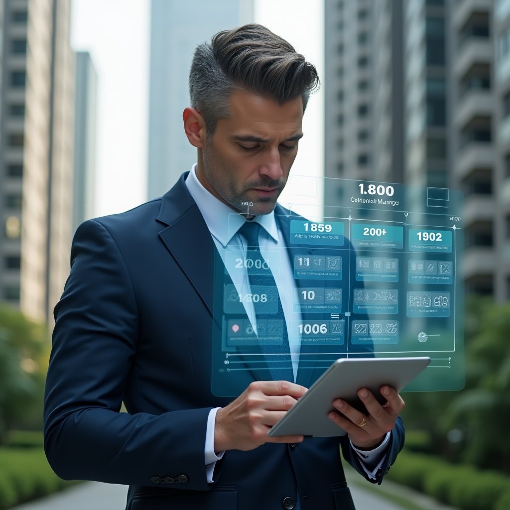 Ultra-realistic condominium manager in a navy blue tailored suit, set in a modern luxury condominium environment with high-rise buildings and green landscaping, reviewing a holographic scheduling calendar projected from a tablet, floating timeline icons and maintenance symbols around, focused and confident expression, cinematic lighting, shallow depth of field, highly detailed textures, realistic skin, photographic realism, 8k resolution --ar 1:1 --v 6