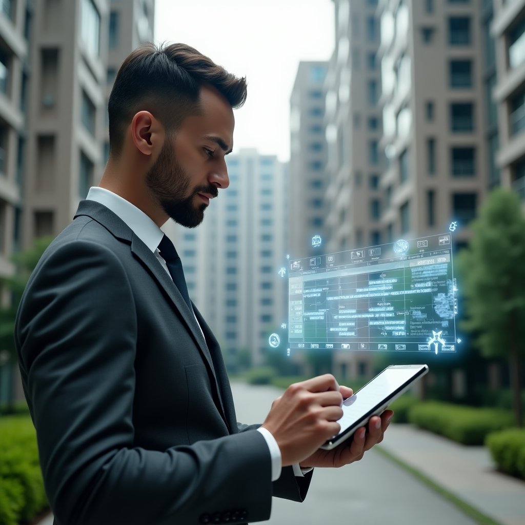 (Ultra-realistic condominium manager in a charcoal gray tailored suit, set in a modern luxury condominium environment with high-rise buildings and manicured green landscaping, holding a digital tablet displaying a floating holographic calendar and timeline, reviewing a detailed activity schedule with focus and confidence, semi-transparent icons of maintenance tools and meeting symbols hovering nearby, cinematic lighting, shallow depth of field, highly detailed textures, realistic skin, photographic realism, 8k resolution --ar 1:1 --v 6)