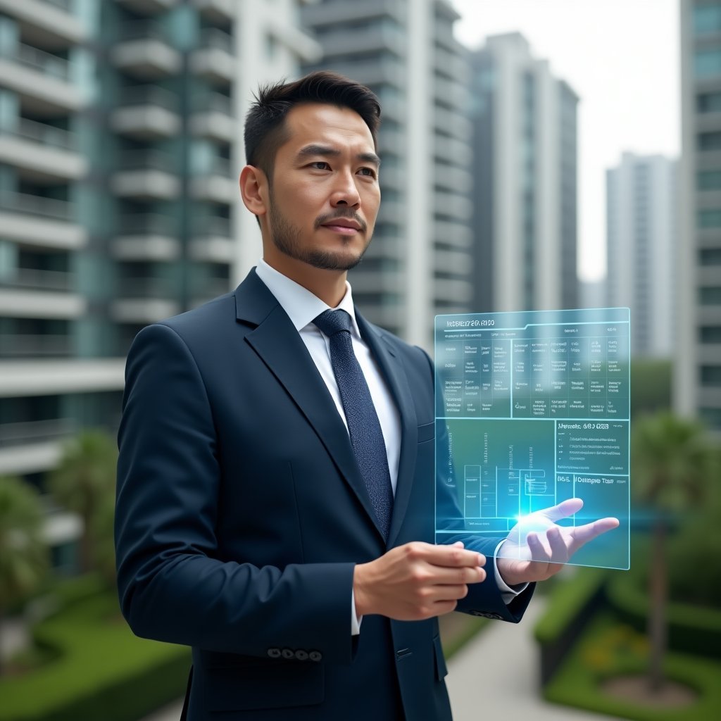 Ultra-realistic condominium manager in a tailored navy suit, set in a modern luxury condominium environment with high-rise buildings and meticulously landscaped greenery, holding and interacting with a holographic schedule of inspections and maintenance tasks, confident and focused expression, holographic calendar icons floating around, cinematic lighting, shallow depth of field, highly detailed textures, realistic skin, photographic realism, 8k resolution --ar 1:1 --v 6