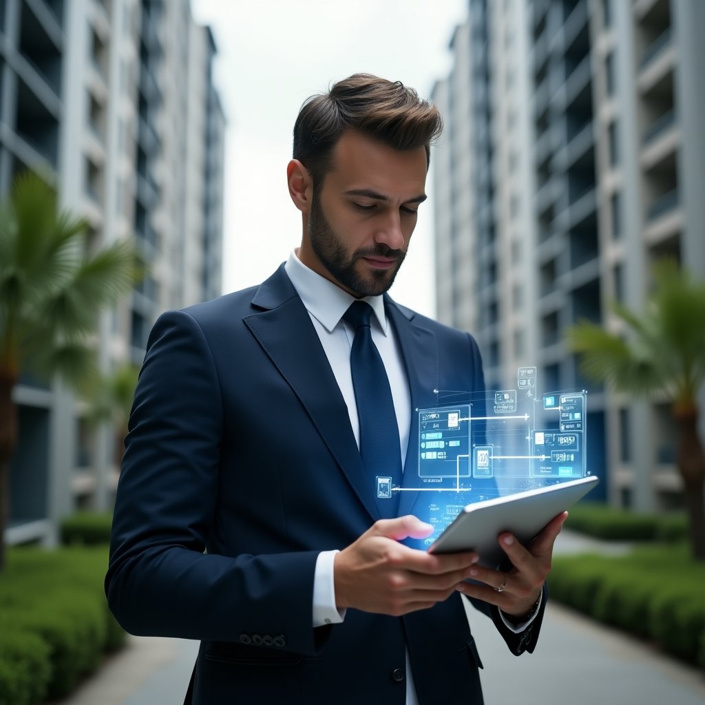(Ultra-realistic condominium manager in a tailored navy suit, set in a modern luxury condominium environment with high-rise buildings and green landscaping, reviewing a holographic calendar interface on a transparent tablet, surrounded by floating timeline icons and task markers, confident and focused expression, cinematic lighting, shallow depth of field, highly detailed textures, realistic skin, photographic realism, 8k resolution --ar 1:1 --v 6)