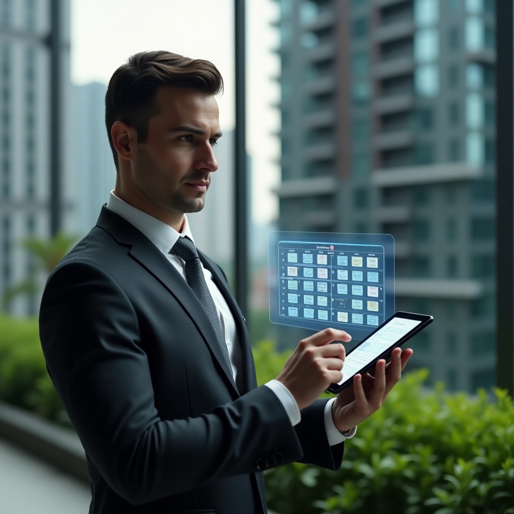 Ultra-realistic condominium manager in a dark gray executive suit, set in a modern luxury condominium environment with high-rise buildings and lush green landscaping, reviewing a holographic calendar schedule projected from a sleek tablet, displaying maintenance icons and assembly symbols, confident expression, cinematic lighting, shallow depth of field, highly detailed textures, realistic skin, photographic realism, 8k resolution --ar 1:1 --v 6