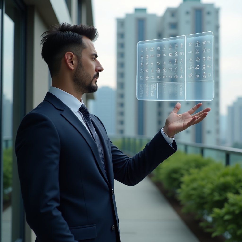 (Ultra-realistic condominium manager in a tailored navy blue suit, set in a modern luxury condominium environment with high-rise buildings and lush green landscaping, medium shot of the manager confidently reviewing a holographic calendar interface with floating maintenance and assembly icons, cinematic lighting, shallow depth of field, highly detailed textures, realistic skin, photographic realism, 8k resolution --ar 1:1 --v 6)
