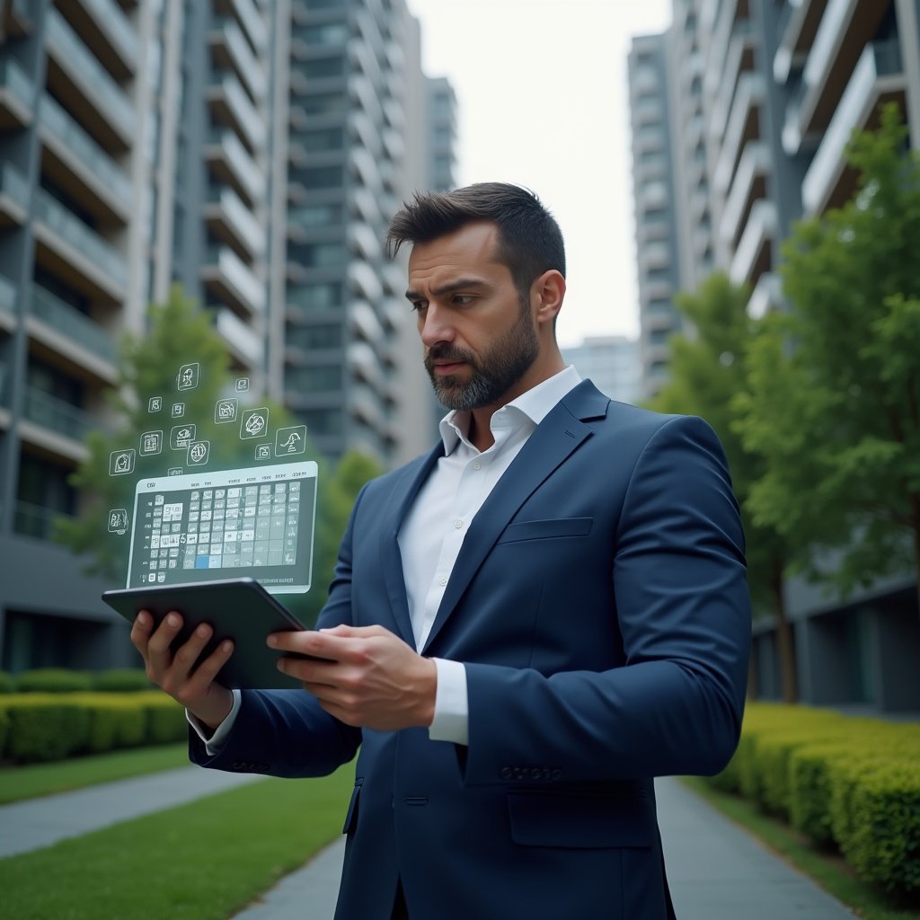 (Ultra-realistic condominium manager in a navy blue suit, set in a modern luxury condominium environment with high-rise buildings and manicured green landscaping, medium shot of the professional confidently analyzing a holographic calendar schedule with floating maintenance and assembly icons, cinematic lighting, shallow depth of field, highly detailed textures, realistic skin, photographic realism, 8k resolution --ar 1:1 --v 6)