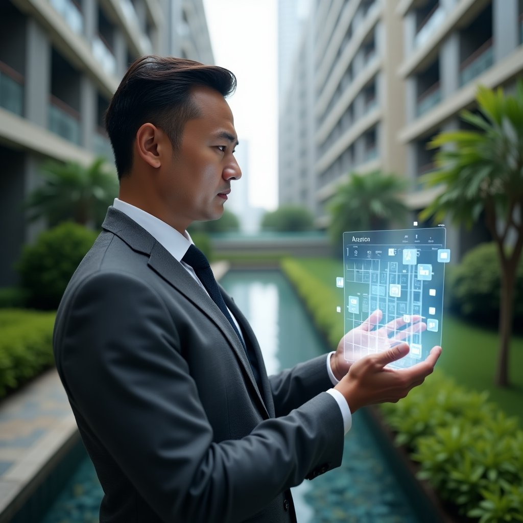 (Ultra-realistic condominium manager in a charcoal gray executive suit, set in a modern luxury condominium environment with high-rise buildings and lush green landscaping, holding a transparent holographic calendar interface and confidently tapping task icons, glowing holographic schedule elements floating around, focused and professional expression, cinematic lighting, shallow depth of field, highly detailed textures, realistic skin, photographic realism, 8k resolution --ar 1:1 --v 6)