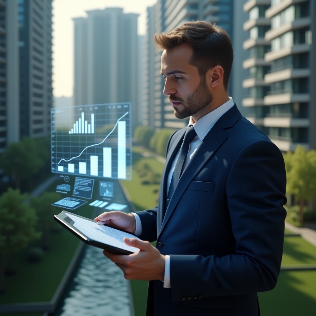 Ultra-realistic condominium manager in a navy suit, set in a modern luxury condominium environment with high-rise buildings and meticulously landscaped green areas, reviewing floating holographic financial charts and organizing documents on a sleek tablet, confident and focused expression, symbolic icons of graphs and reports hovering nearby, cinematic lighting, shallow depth of field, highly detailed textures, realistic skin, photographic realism, 8k resolution --ar 1:1 --v 6