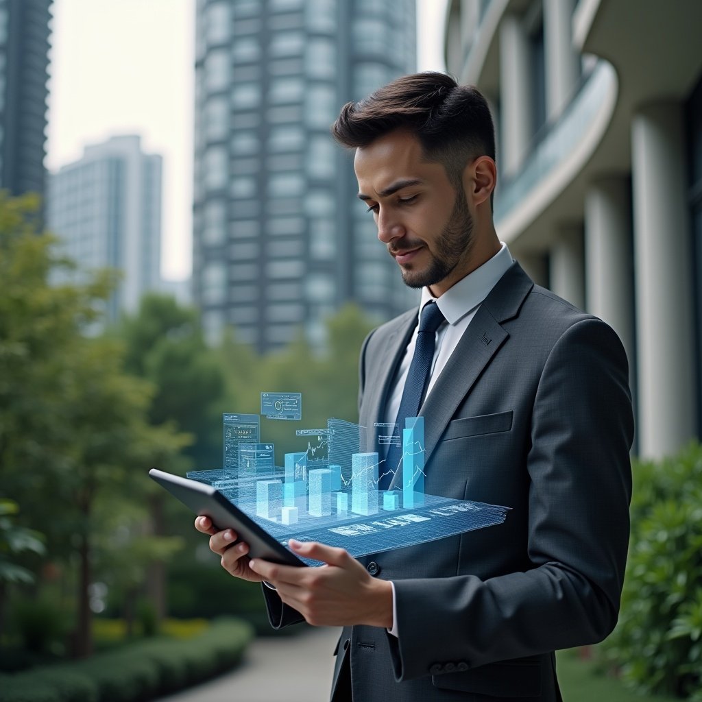 (Ultra-realistic professional condominium manager in a tailored dark gray suit, set in a modern luxury condominium environment with high-rise buildings and lush green landscaping, holding a digital tablet that projects a transparent 3D holographic financial report, analyzing data with a confident, focused expression, cinematic lighting, shallow depth of field, highly detailed textures, realistic skin, photographic realism, 8k resolution --ar 1:1 --v 6)