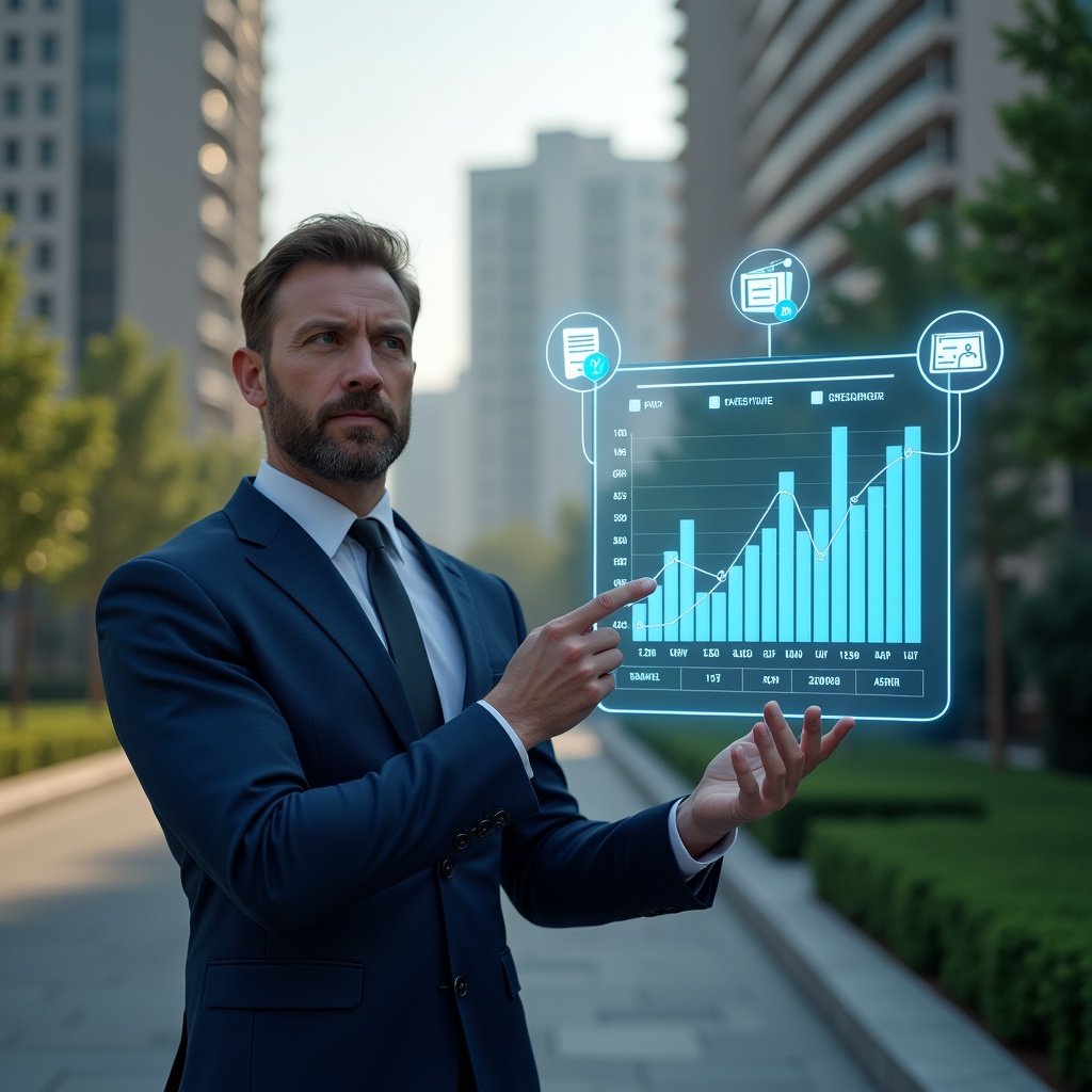 (Ultra-realistic condominium manager in a navy blue suit, set in a modern luxury condominium environment with high-rise buildings and manicured green landscaping, analyzing a holographic payment status chart with overdue and paid segments, pointing confidently at the chart, surrounded by floating invoice and reminder icons, cinematic lighting, shallow depth of field, highly detailed textures, realistic skin, photographic realism, 8k resolution --ar 1:1 --v 6)