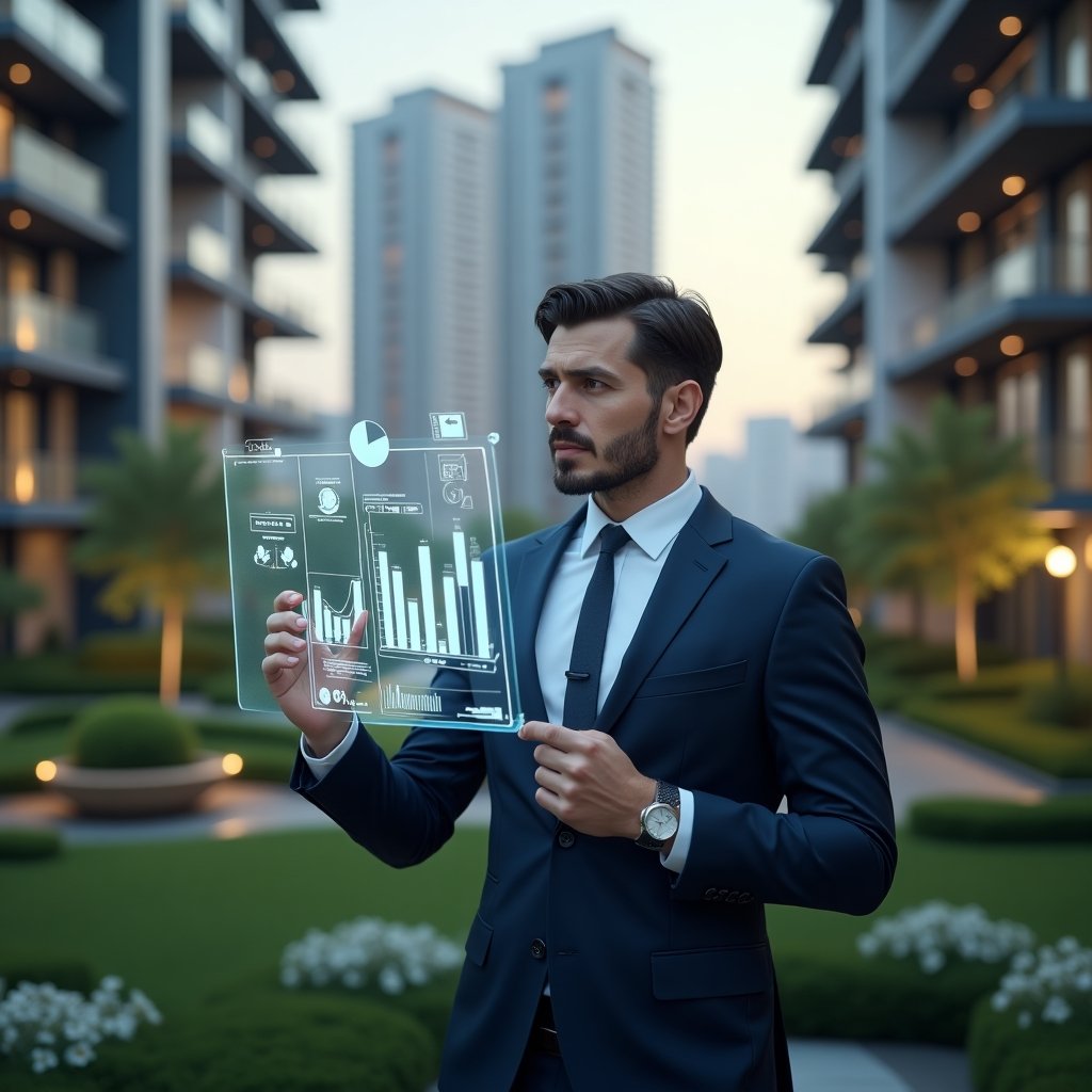 Ultra-realistic condominium manager in a navy suit, set in a modern luxury condominium environment with high-rise buildings and manicured green landscaping, analyzing a holographic budget chart with floating pie graphs and money icons, confident and focused expression, cinematic lighting, shallow depth of field, highly detailed textures, realistic skin, photographic realism, 8k resolution --ar 1:1 --v 6