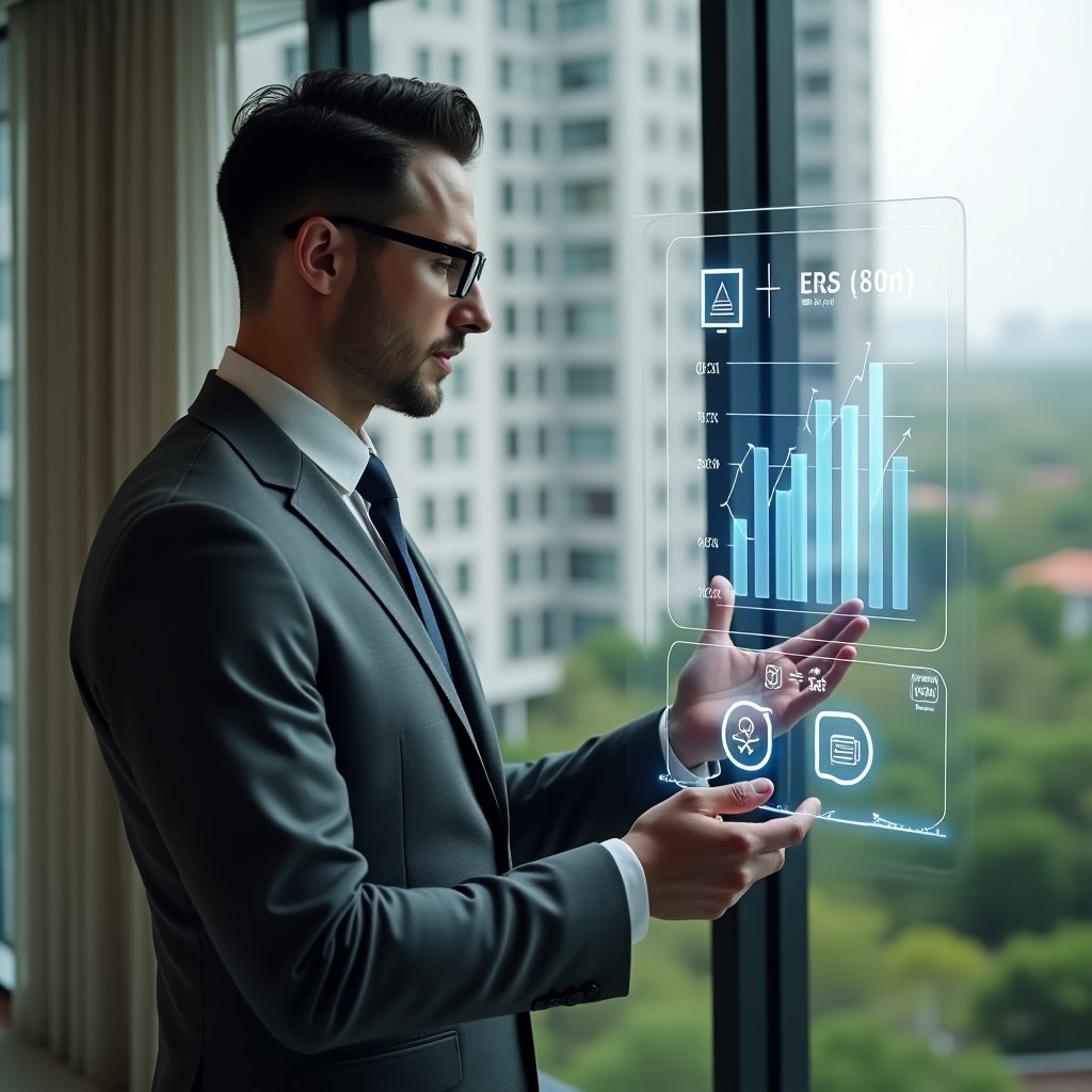 Ultra-realistic condominium manager in a charcoal gray tailored suit, set in a modern luxury condominium environment with high-rise buildings and meticulously landscaped gardens, thoughtfully analyzing a transparent holographic financial chart displaying expense and savings graphs, floating coin and bar-graph icons around the display, cinematic lighting, shallow depth of field, highly detailed textures, realistic skin, photographic realism, 8k resolution --ar 1:1 --v 6