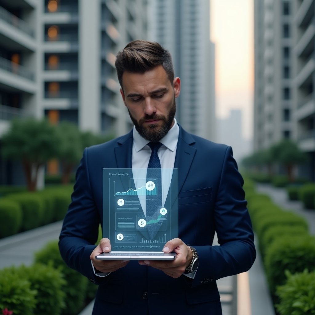 (Ultra-realistic condominium manager in a navy-blue executive suit, set in a modern luxury condominium environment with high-rise buildings and manicured green landscaping, holding a digital tablet projecting a holographic budget graph and cost‐saving icons, thoughtful and confident expression, cinematic lighting, shallow depth of field, highly detailed textures, realistic skin, photographic realism, 8k resolution --ar 1:1 --v 6)