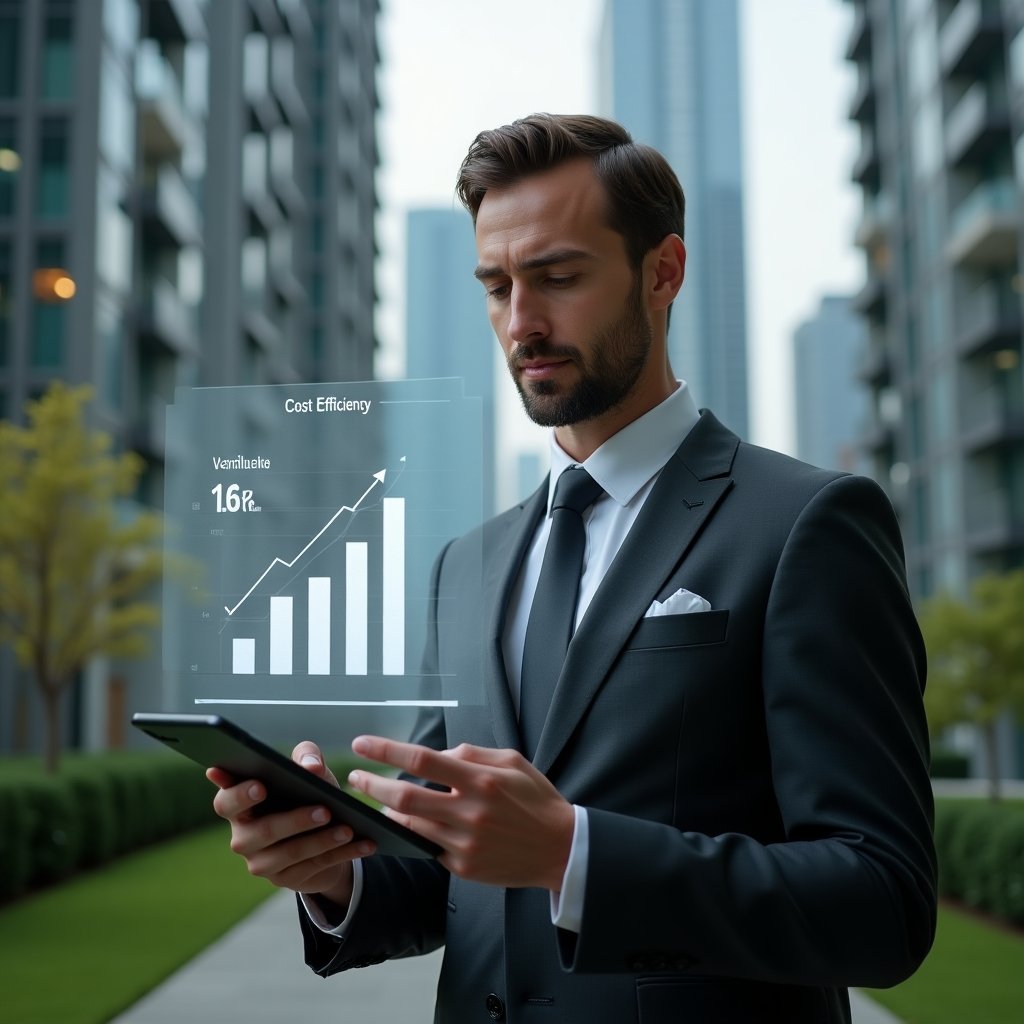 Ultra-realistic condominium manager in a charcoal tailored suit, set in a modern luxury condominium environment with high-rise buildings and manicured green landscaping, analyzing a floating holographic cost-efficiency dashboard with descending bar charts and a glowing condo icon, confident and focused expression, cinematic lighting, shallow depth of field, highly detailed textures, realistic skin, photographic realism, 8k resolution --ar 1:1 --v 6