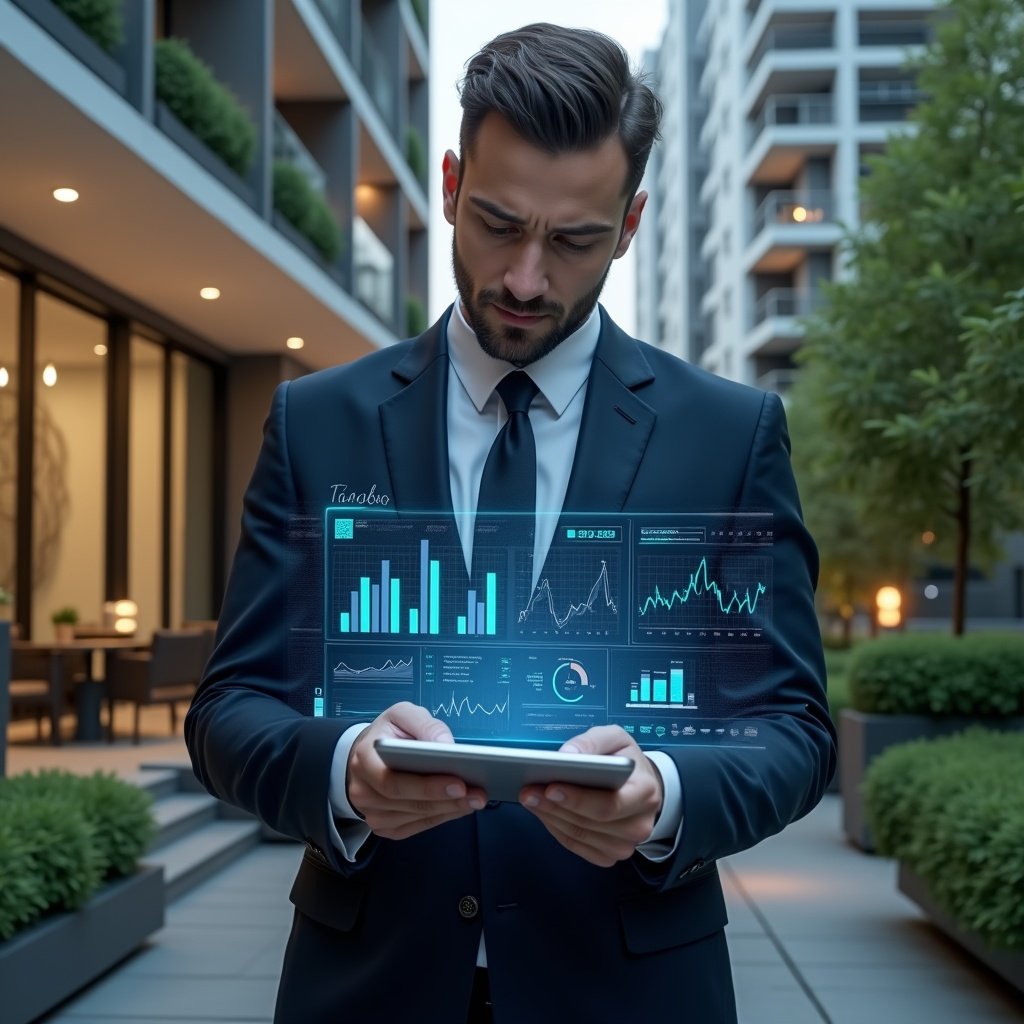 Ultra-realistic condominium manager in a tailored navy suit, set in a modern luxury condominium environment with high-rise buildings and lush green landscaping, examining a holographic financial dashboard projected from a sleek tablet with glowing charts and icons, confident and focused expression, cinematic lighting, shallow depth of field, highly detailed textures, realistic skin, photographic realism, 8k resolution --ar 1:1 --v 6