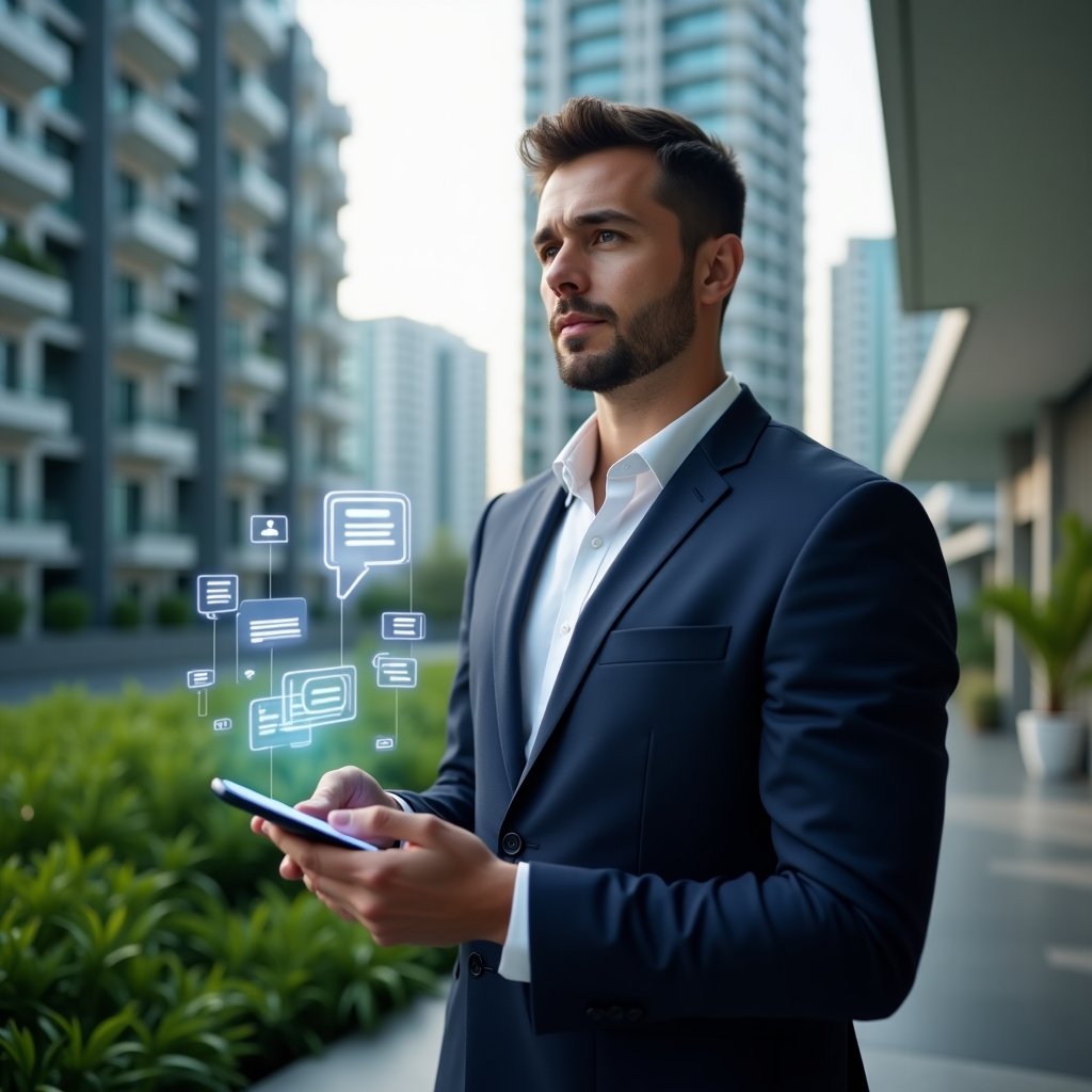 (Ultra-realistic condominium manager in a tailored navy suit, set in a modern luxury condominium environment with high-rise buildings and lush green landscaping, holding a smartphone projecting holographic chat bubbles and notification icons to symbolize instant messaging and automated alerts, looking confident and engaged, cinematic lighting, shallow depth of field, highly detailed textures, realistic skin, photographic realism, 8k resolution --ar 1:1 --v 6)
