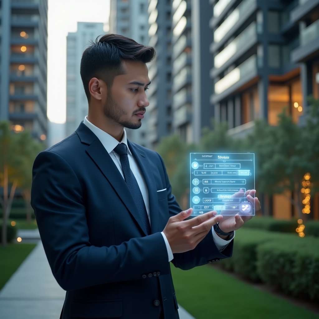 (Ultra-realistic condominium manager in a tailored navy suit, set in a modern luxury condominium environment with high-rise buildings and pristine green landscaping, closely examining a holographic maintenance schedule with glowing task icons, conveying confidence and focus, cinematic lighting, shallow depth of field, highly detailed textures, realistic skin, photographic realism, 8k resolution --ar 1:1 --v 6)