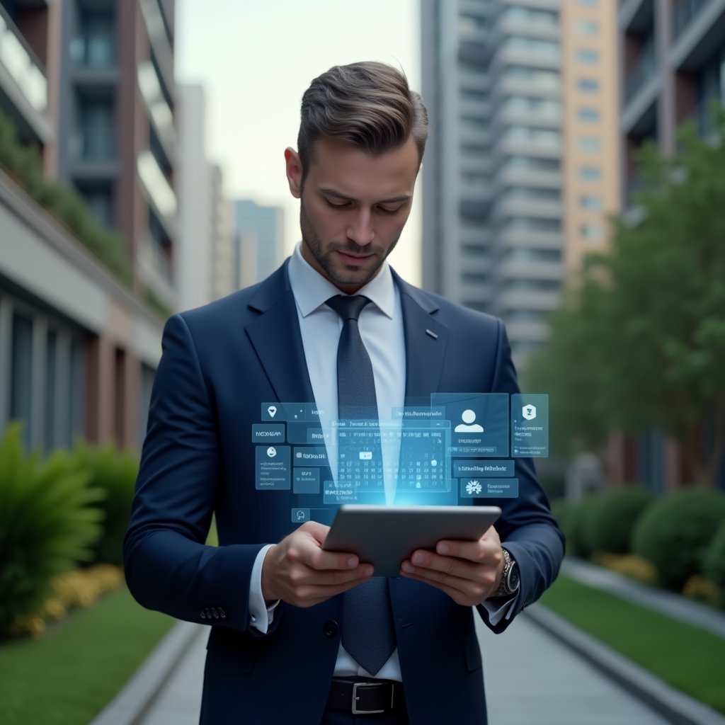 (Ultra-realistic condominium manager in a navy executive suit, set in a modern luxury condominium environment with high-rise buildings and manicured green landscaping, holding a digital tablet displaying a holographic calendar schedule, confidently reviewing maintenance and meeting icons, cinematic lighting, shallow depth of field, highly detailed textures, realistic skin, photographic realism, 8k resolution --ar 1:1 --v 6)