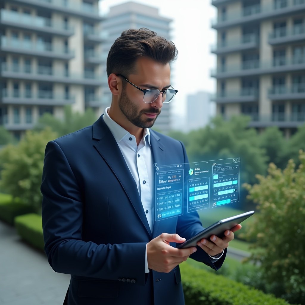 (Ultra-realistic condominium manager in a navy blue suit, set in a modern luxury condominium environment with high-rise buildings and lush green landscaping, confidently reviewing a holographic activity schedule projected from a tablet, floating calendar icons and checkmarks symbolizing task planning, cinematic lighting, shallow depth of field, highly detailed textures, realistic skin, photographic realism, 8k resolution --ar 1:1 --v 6)