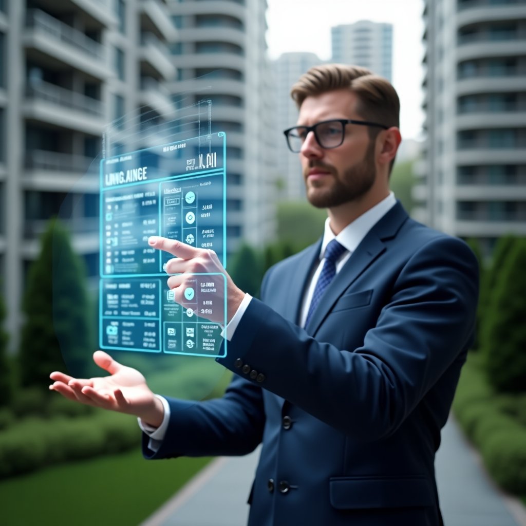 (Ultra-realistic condominium manager in a navy executive suit, set in a modern luxury condominium environment with high-rise buildings and manicured green landscaping, holding and interacting with a holographic activity schedule displaying checkmarks and calendar icons, confidently pointing at a highlighted task, cinematic lighting, shallow depth of field, highly detailed textures, realistic skin, photographic realism, 8k resolution --ar 1:1 --v 6)