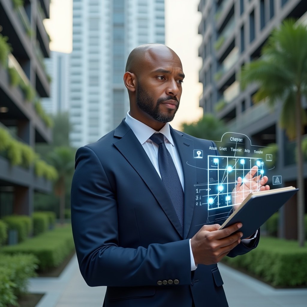 Ultra-realistic condo manager in a navy blue suit, set in a modern luxury condominium environment with high-rise buildings and lush green landscaping, holding and interacting with a holographic weekly schedule planner, checking off tasks on a floating calendar interface, glowing task icons orbiting around, confident and focused expression, cinematic lighting, shallow depth of field, highly detailed textures, realistic skin, photographic realism, 8k resolution --ar 1:1 --v 6