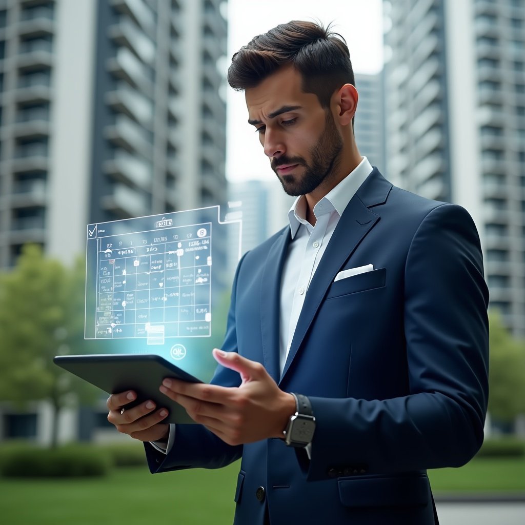 Ultra-realistic condominium manager in a navy blue suit, set in a modern luxury condominium environment with high-rise buildings and lush green landscaping, reviewing a holographic calendar schedule projected above a tablet, surrounded by floating checklist and calendar icons, confident and focused expression, cinematic lighting, shallow depth of field, highly detailed textures, realistic skin, photographic realism, 8k resolution --ar 1:1 --v 6
