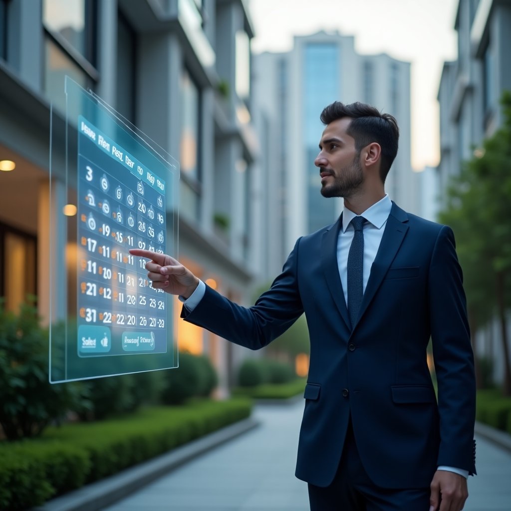 Ultra-realistic condominium manager in a dark blue suit, set in a modern luxury condominium environment with high-rise buildings and well-manicured green landscaping, pointing confidently at a holographic monthly schedule calendar with floating timeline icons and task markers, cinematic lighting, shallow depth of field, highly detailed textures, realistic skin, photographic realism, 8k resolution --ar 1:1 --v 6