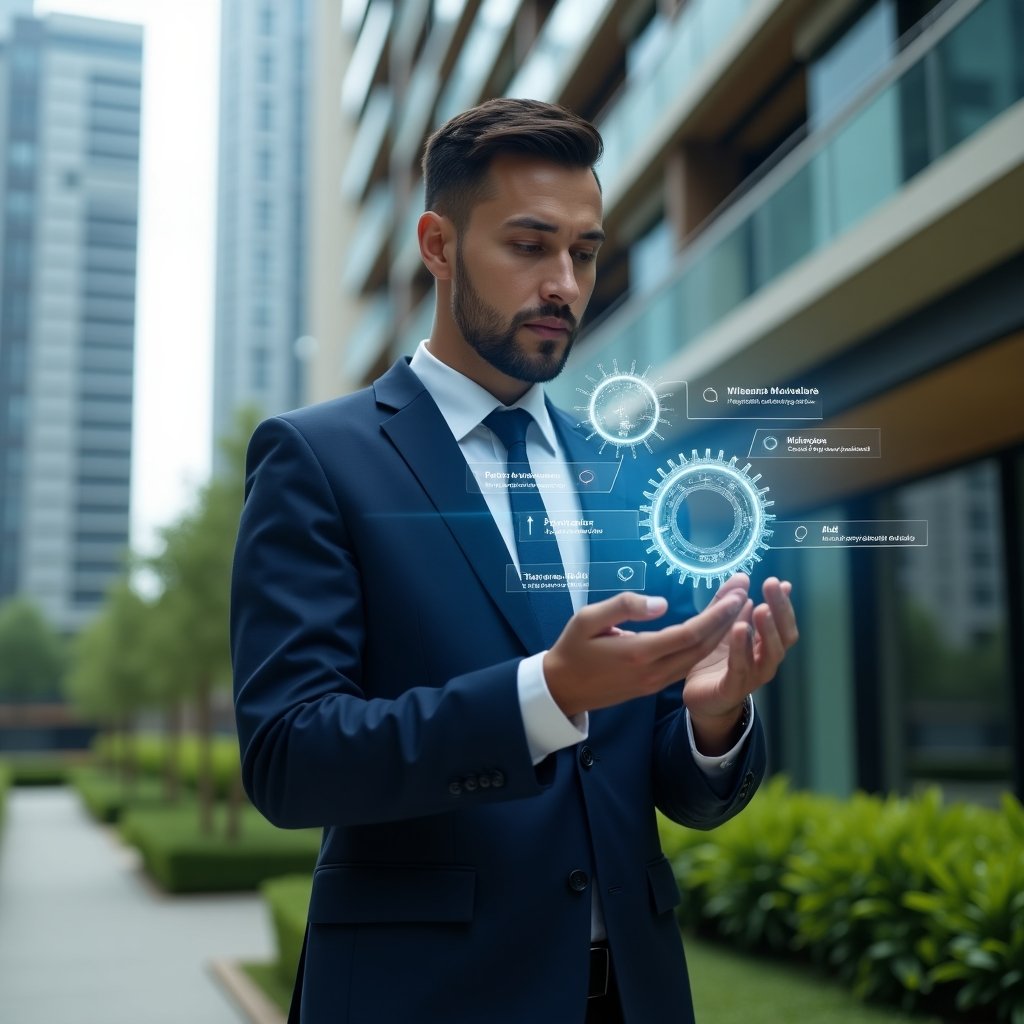 Ultra-realistic condominium manager in a navy executive suit, set in a modern luxury condominium environment with high-rise buildings and manicured green landscaping, examining a floating holographic dashboard of automated tasks and performance charts, confident expression, futuristic icons of gears and checkmarks surrounding them, cinematic lighting, shallow depth of field, highly detailed textures, realistic skin, photographic realism, 8k resolution --ar 1:1 --v 6