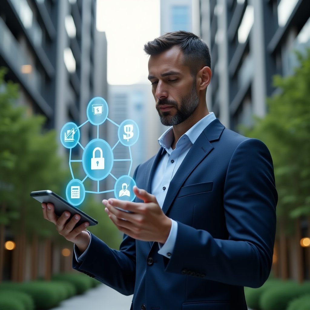 Ultra-realistic condominium manager in a navy blue executive suit, set in a modern luxury condominium environment with high-rise buildings and manicured green gardens, examining a floating holographic interface displaying app icons for billing automation, expense approvals, real-time reports, security integration and chat notifications, confident and focused expression, cinematic lighting, shallow depth of field, highly detailed textures, realistic skin, photographic realism, 8k resolution --ar 1:1 --v 6