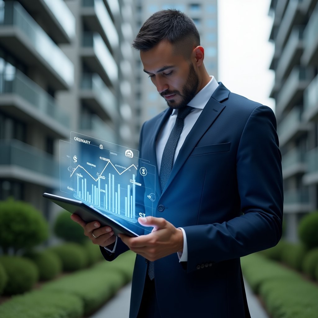 Ultra-realistic condominium manager in a navy blue suit, set in a modern luxury condominium environment with high-rise buildings and green landscaping, confidently analyzing a tablet displaying a holographic chart separating ordinary and extraordinary expenses, holographic budget icons floating around, cinematic lighting, shallow depth of field, highly detailed textures, realistic skin, photographic realism, 8k resolution --ar 1:1 --v 6