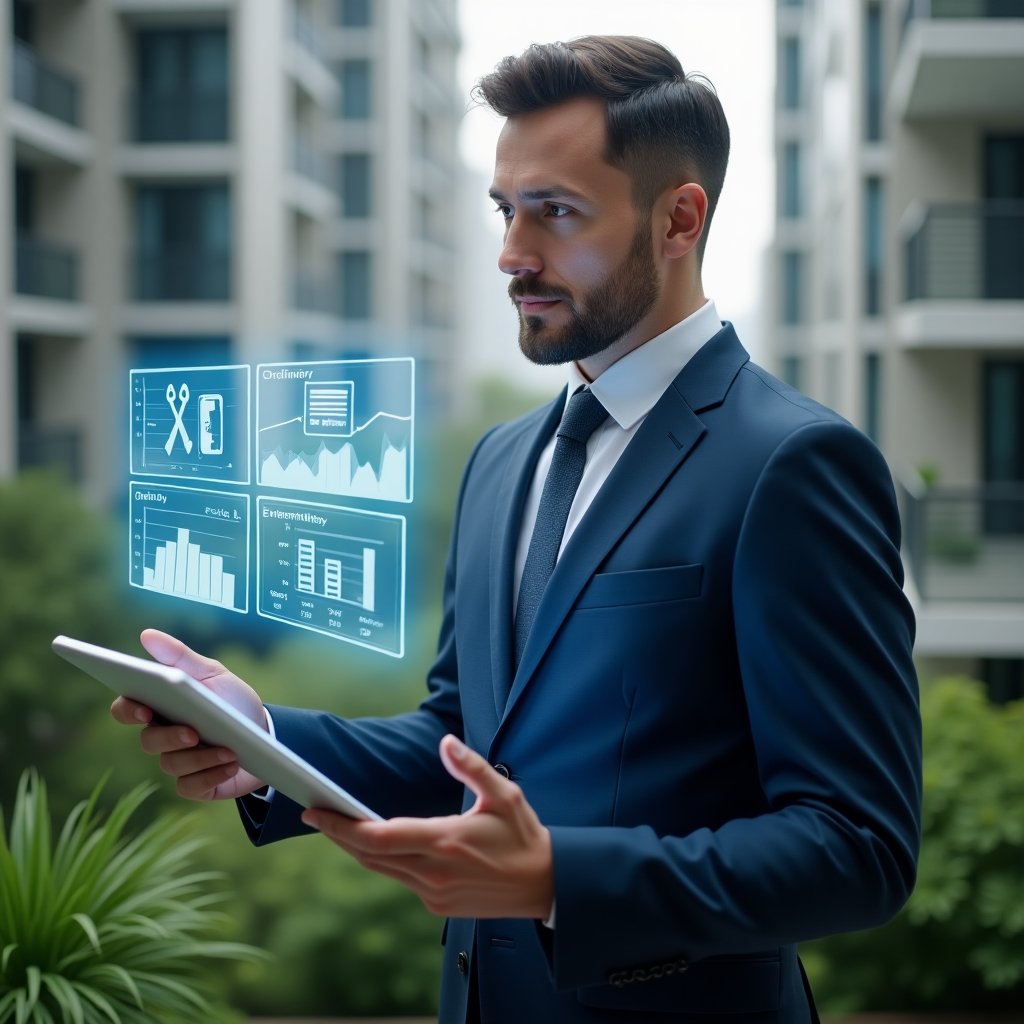 (Ultra-realistic condominium manager in a navy executive suit, set in a modern luxury condominium environment with high-rise buildings and lush green landscaping, analyzing holographic financial charts comparing ordinary and extraordinary expenses, holding a digital tablet displaying expense breakdown, with floating icons of repair tools and documents symbolizing maintenance and emergency costs, confident and thoughtful expression, cinematic lighting, shallow depth of field, highly detailed textures, realistic skin, photographic realism, 8k resolution --ar 1:1 --v 6)